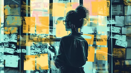 Aufkleber - A young woman stands thoughtfully in front of a wall covered in colorful sticky notes. She appears to be brainstorming ideas or planning a project. This dynamic image captures creativity