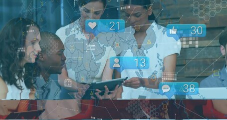 Poster - Collaborating on animation, diverse team using tablet with world map overlay