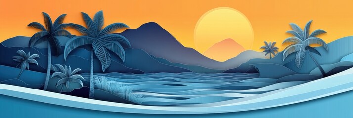 Poster - Dreamy tropical island with palm trees and golden sunset in layered paper cut style