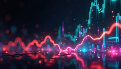 Poster - Abstract digital artwork of fluctuating neon charts and graphs with bright colors against black background. Modern tech design, financial analysis, business stats. Glowing lines, vibrant display.
