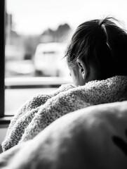 Fototapete - Back view of a young woman cuddled in a soft textured blanket while gazing out the window with reflective thoughts : Generative AI