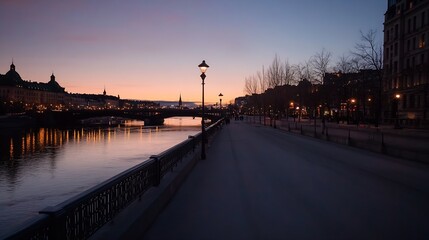 Aufkleber - Charming evening scene of a riverbank promenade illuminated at sunset with street lamps and trees : Generative AI