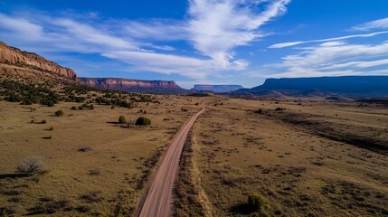 Aufkleber - Majestic Desert Landscape with Rocky Cliffs and a Stretching Road Under Blue Sky : Generative AI