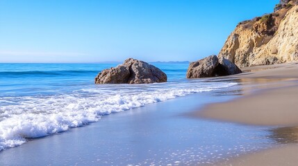 Leinwandbilder - Idyllic beach landscape with gentle waves rolling on a shore accompanied by scenic rocks under a bright blue sky : Generative AI