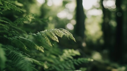 Poster - Closeup of lush green fern leaves glistening in serene forest light : Generative AI