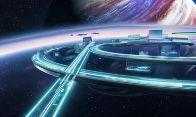 Wall Mural - A futuristic city stretches across the glowing rings of a massive gas giant. Floating highways curve along the planet’s orbit, illuminated by neon-blue light trails. Cosmic aesthetic