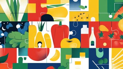 Aufkleber - Vibrant illustration of groceries forming a puzzle to represent a complete shopping experience with bright modern colors