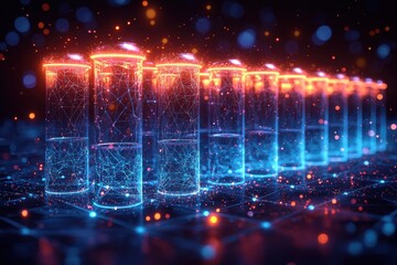 Fototapete - Futuristic 3D Render of Glowing Electric Cylinders with Neural Networks