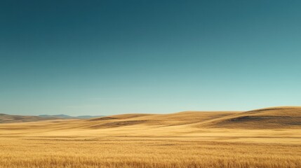 Leinwandbilder - Golden wheat field under clear blue sky with soft sunlight creating a calm natural atmosphere in a rural landscape