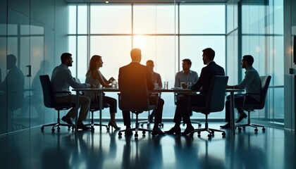 Poster - Group professionals engaged business meeting modern conference room glass walls. Team discuss strategy, planning, collaboration, innovation. Corporate setting, teamwork, office, workplace,