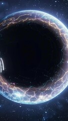 Wall Mural - vertical 9:16 A futuristic space station orbits dangerously close to a massive black hole, where its event horizon appears shattered like broken glass, revealing multiple dimensions within. Sci-fi