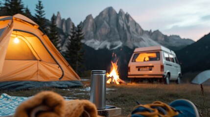 Wall Mural - Scenic mountain camping with tent, campfire, and van at sunset in majestic landscape