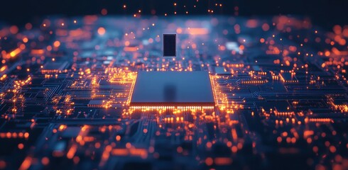 Poster - Advanced microchip on a glowing futuristic circuit board in close-up view