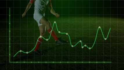 Poster - Kicking soccer ball, player with fluctuating data graph animation on field