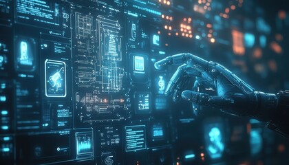 Poster - Futuristic robotic hand interacting with high-tech digital holographic interface
