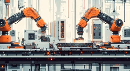 Poster - Two robotic arms working in a modern automated manufacturing facility