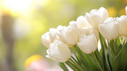 Poster - Beautiful bouquet of fresh white tulips blooming under soft sunlight creating a serene and cheerful ambiance : Generative AI