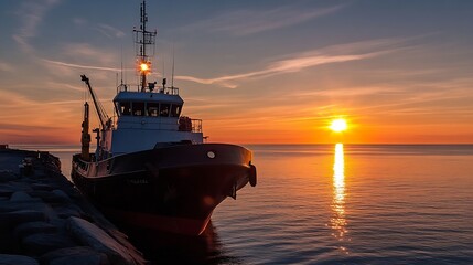 Poster - Fishing boat docked at sunset reflecting in calm waters surrounded by serene natural beauty : Generative AI