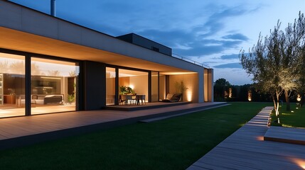 Aufkleber - Elegant modern home exterior illuminated at dusk showcasing architectural beauty and serene garden elements : Generative AI