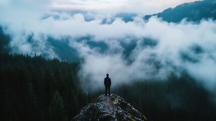 Aufkleber - Person Standing on a Rocky Outcrop Surrounded by Lush Forest and Misty Mountains : Generative AI