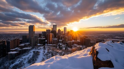 Poster - Stunning panoramic view of a city skyline at sunset with snow covered hills in the foreground : Generative AI