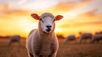 Poster - Content sheep standing against a stunning sunset in an open field : Generative AI