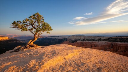 Poster - Majestic tree standing on a rocky cliff overlooking stunning canyon landscape at sunset : Generative AI