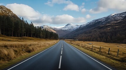 Poster - Majestic Empty Road Leading into the Mountains with SnowCapped Peaks in the Background : Generative AI