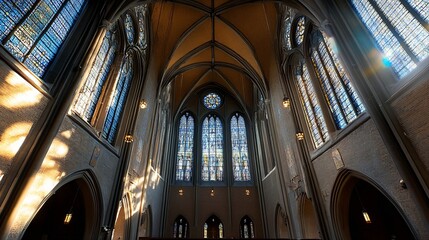Fototapete - Majestic Gothic Architecture of a Church with Stunning Stained Glass Windows Illuminated by Natural Light : Generative AI