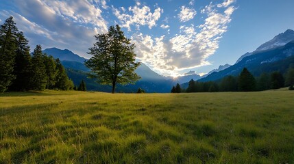 Poster - Breathtaking landscape with a lone tree in a green meadow under dramatic sunset clouds : Generative AI