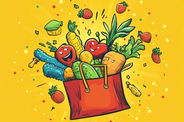 Aufkleber - Fun cartoon groceries joyfully jumping into a shopping bag in bright, cheerful colors set against a vibrant yellow backdrop