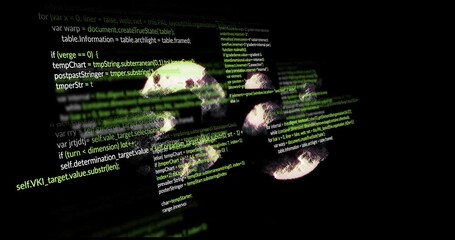 Poster - Computer code overlaying rotating planet Earth animations on black background