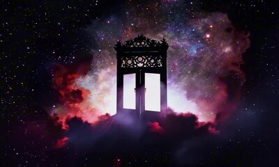 Wall Mural - A lone, towering doorway floats in the middle of deep space, glowing faintly as galaxies swirl behind it. Shadows move unnaturally beyond its threshold. Cosmic horror surreal aesthetic