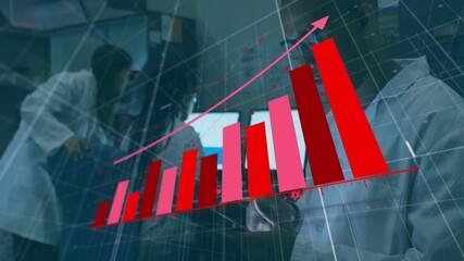 Aufkleber - Animation of red bar graph with upward arrow in laboratory with scientists working