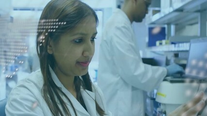 Poster - In laboratory, scientists working with digital data overlay in animated scene
