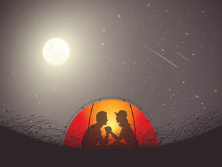 Sticker - Loving couple in orange tent. Camping under moon. Moonlight night