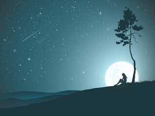 Sticker - Woman resting on top of hill. Mountain climb. Moonlight starry night