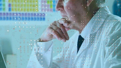 Poster - Analyzing data, scientist in lab coat with periodic table in school laboratory