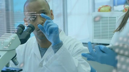 Poster - Examining data overlay, scientist working with microscope in laboratory animation