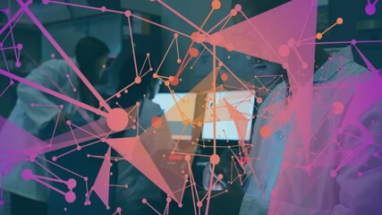 Aufkleber - Scientists working in laboratory with colorful geometric network animation overlay