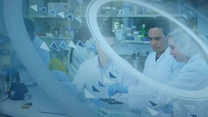 Aufkleber - In laboratory, scientists working with test tubes, analyzing digital data animation
