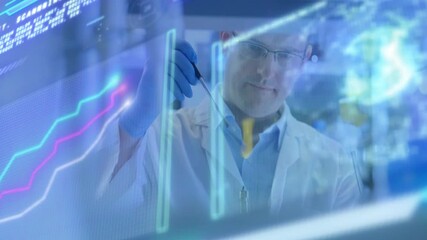 Aufkleber - Analyzing data with graphs and charts overlay, scientist working in laboratory