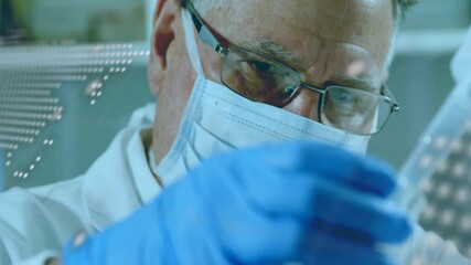 Poster - Conducting experiment with pipette, scientist in mask and gloves in laboratory