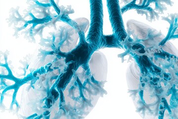 Poster - 3D illustration of human lungs and bronchial tree in high detail, showing medical anatomy with blue vascular structure and scientific clarity, Generative AI