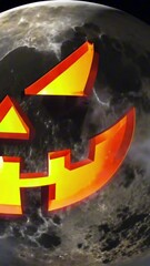 Wall Mural - vertical 9:16 A giant full moon with a glowing jack-o'-lantern face, shifting and laughing as it flickers light across the moon's surface. Halloween surreal aesthetic