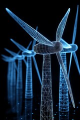 Fototapete - 3D render of multiple wind turbines in futuristic blue wireframe style symbolizing renewable energy, smart technology, and sustainable power generation, Generative AI