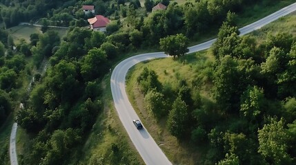 Poster - Aerial view of a winding road surrounded by lush greenery and homes in a picturesque landscape : Generative AI