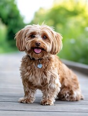 Poster - A small fluffy dog sitting on a wooden path against a vibrant green background : Generative AI
