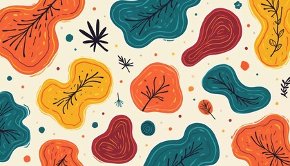 Poster - Abstract doodle pattern with colorful organic shapes, hand drawn. Geometric design with orange, blue, yellow elements. Artistic illustration for fabric design, textile, wallpaper, background, modern