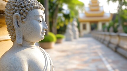 Aufkleber - Serene closeup of a stone Buddha statue surrounded by lush greenery in a peaceful setting : Generative AI